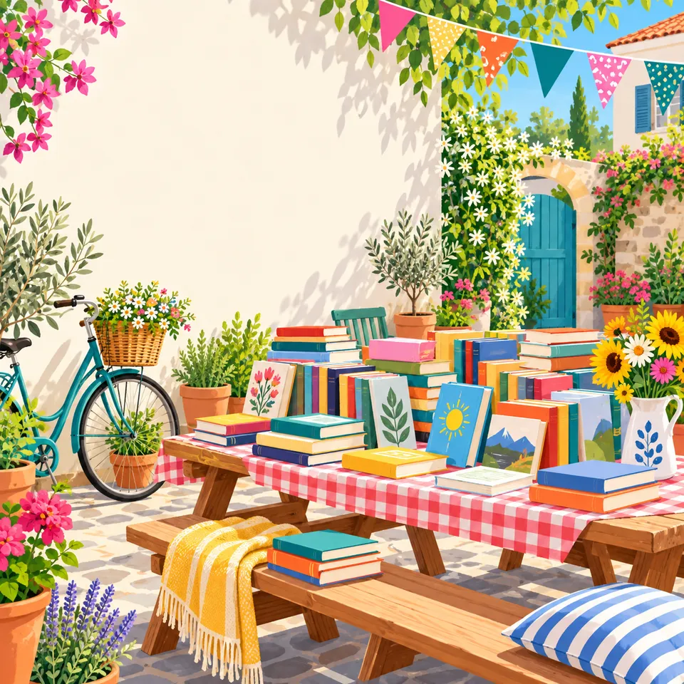 A bright courtyard book-swap flyer with room left for text