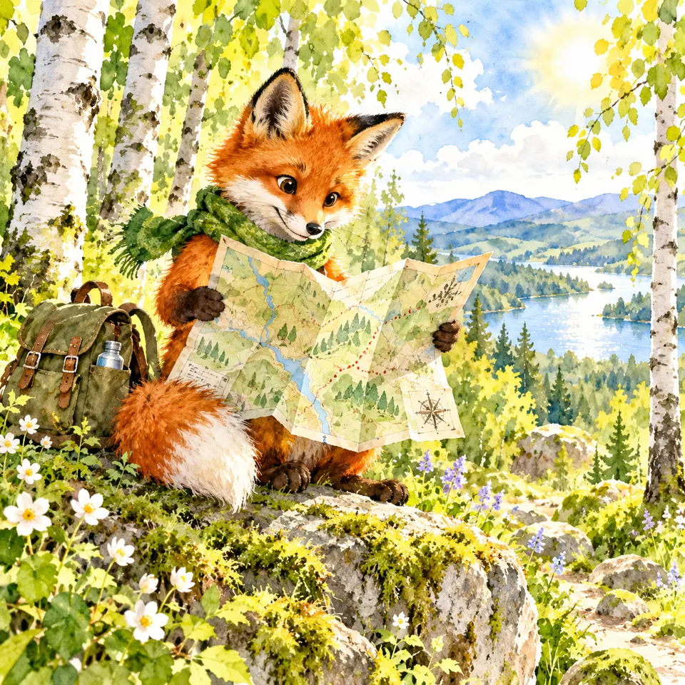 A fox in a scarf reading a map in the forest, watercolour