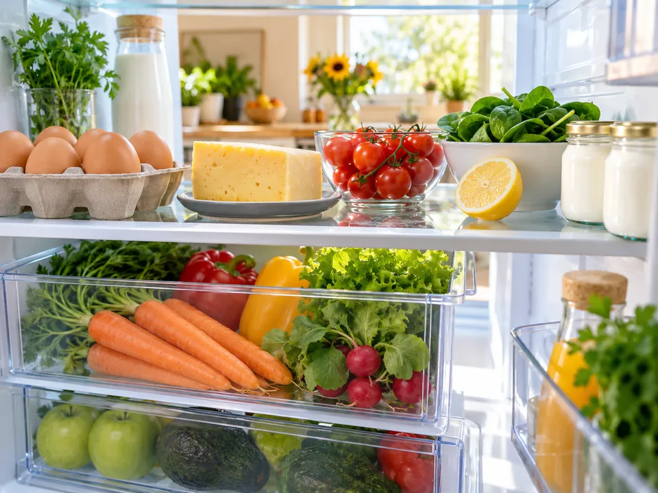 An open fridge with groceries