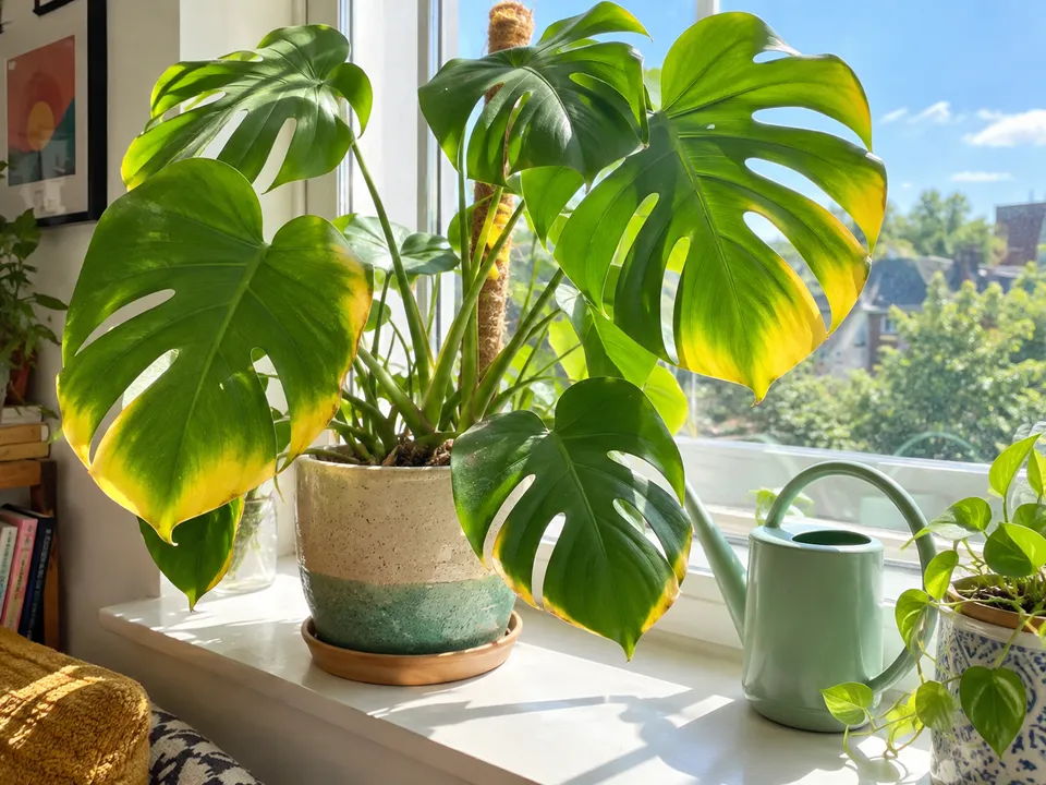 A monstera with yellowing leaves on a windowsill