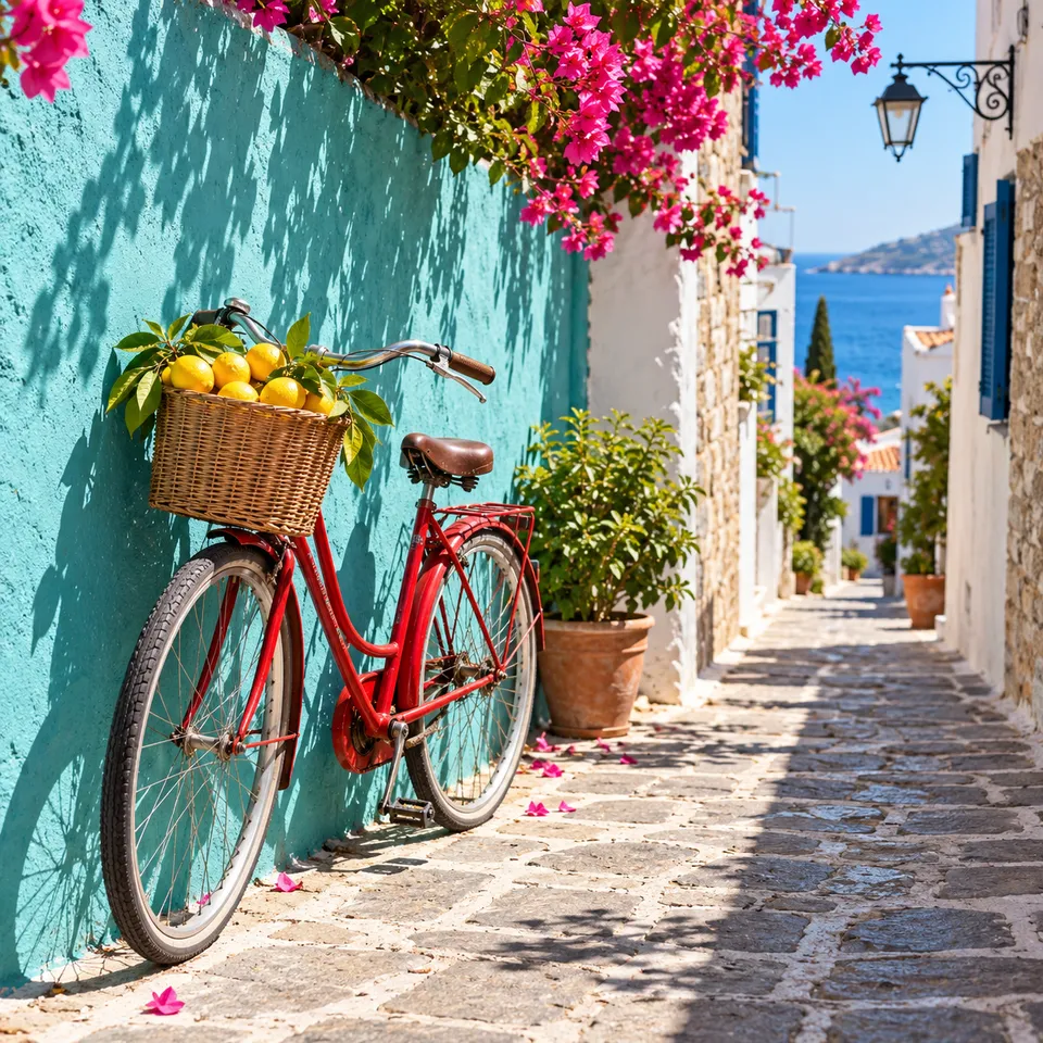 The result of a detailed prompt: a red bicycle with a basket of lemons by a turquoise wall in a sunny alley