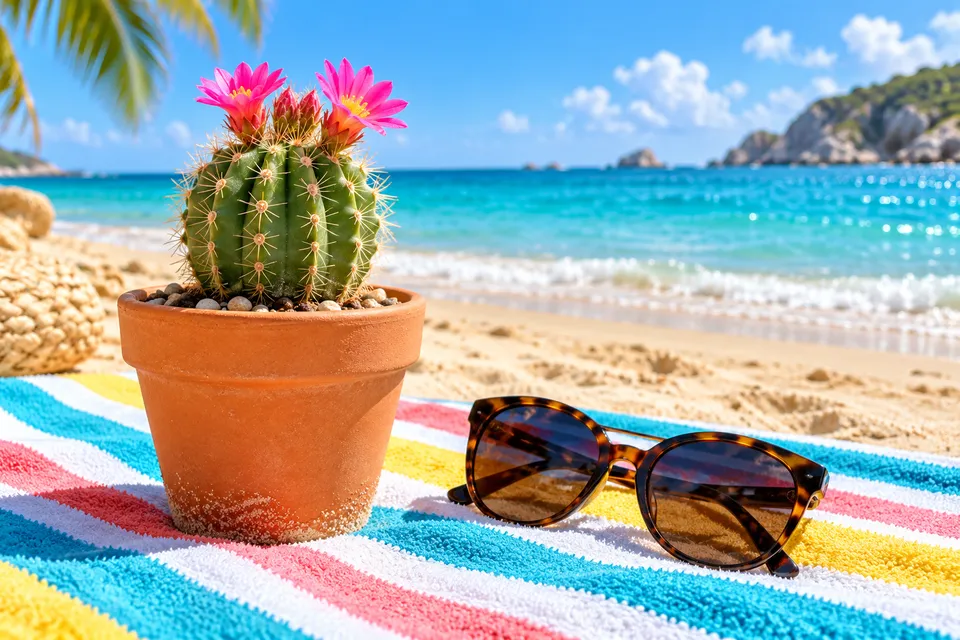 A potted cactus on a striped beach towel in bright sun