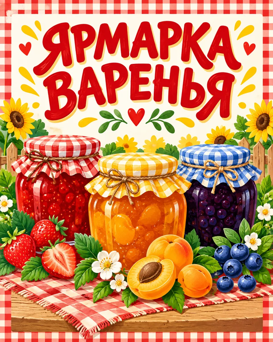 Плакат с точной надписью «Ярмарка варенья» и банками варенья