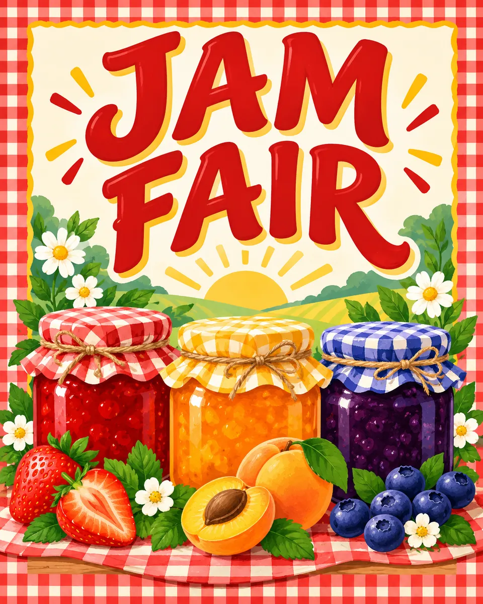 A poster with the exact lettering “JAM FAIR” and jars of jam