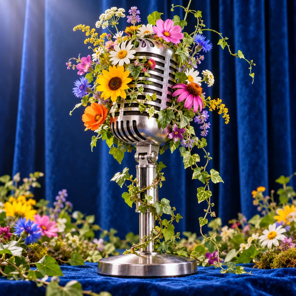 A microphone with flowers growing out of it