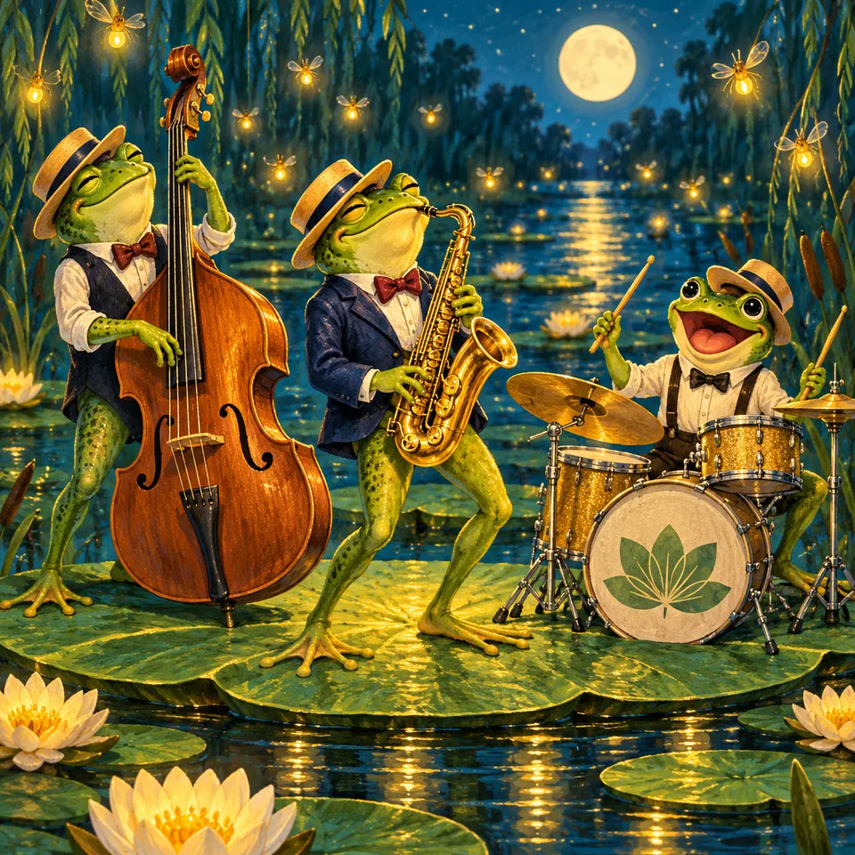 A frog trio on a lily pad, jazzy mood