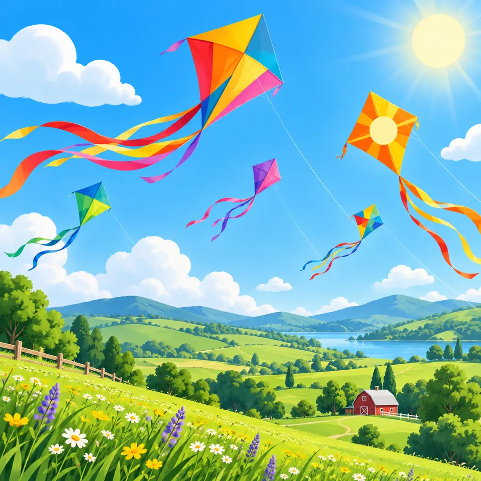 Kites flying over green hills