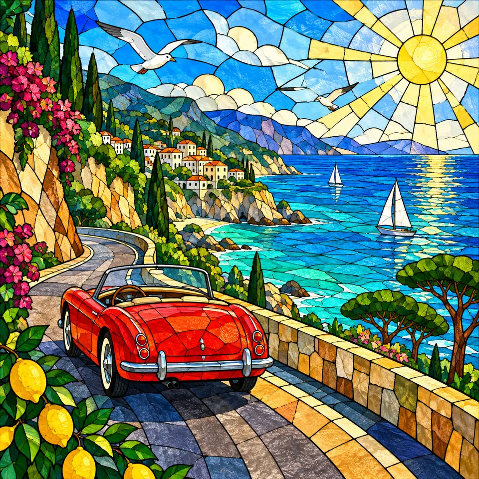 Stained glass: a vintage car driving along a coast road by the sea