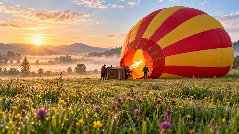 A hot-air balloon being inflated in a meadow at dawn