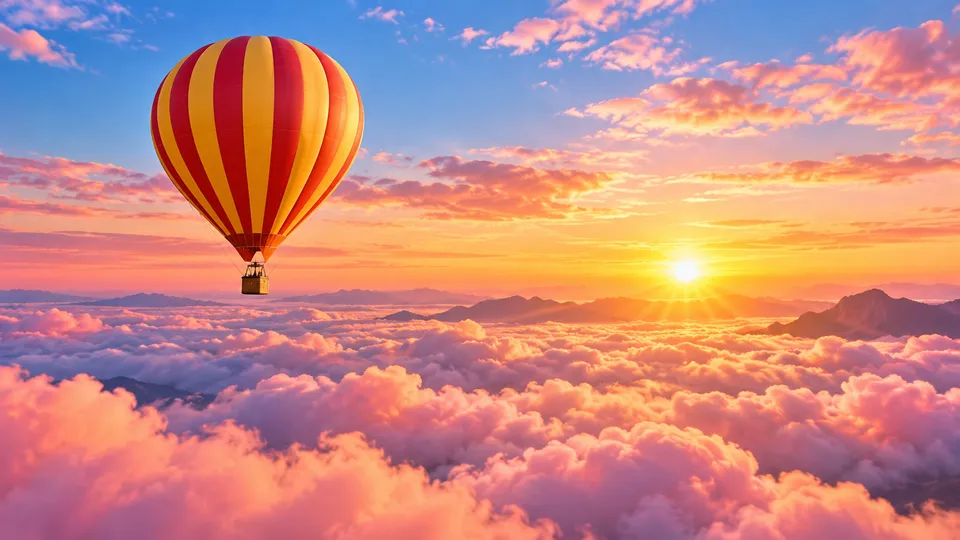 A hot-air balloon high above the clouds at sunrise